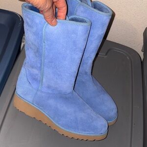 UGG Suede Mid-Calf Heeled Boots in Light Blue